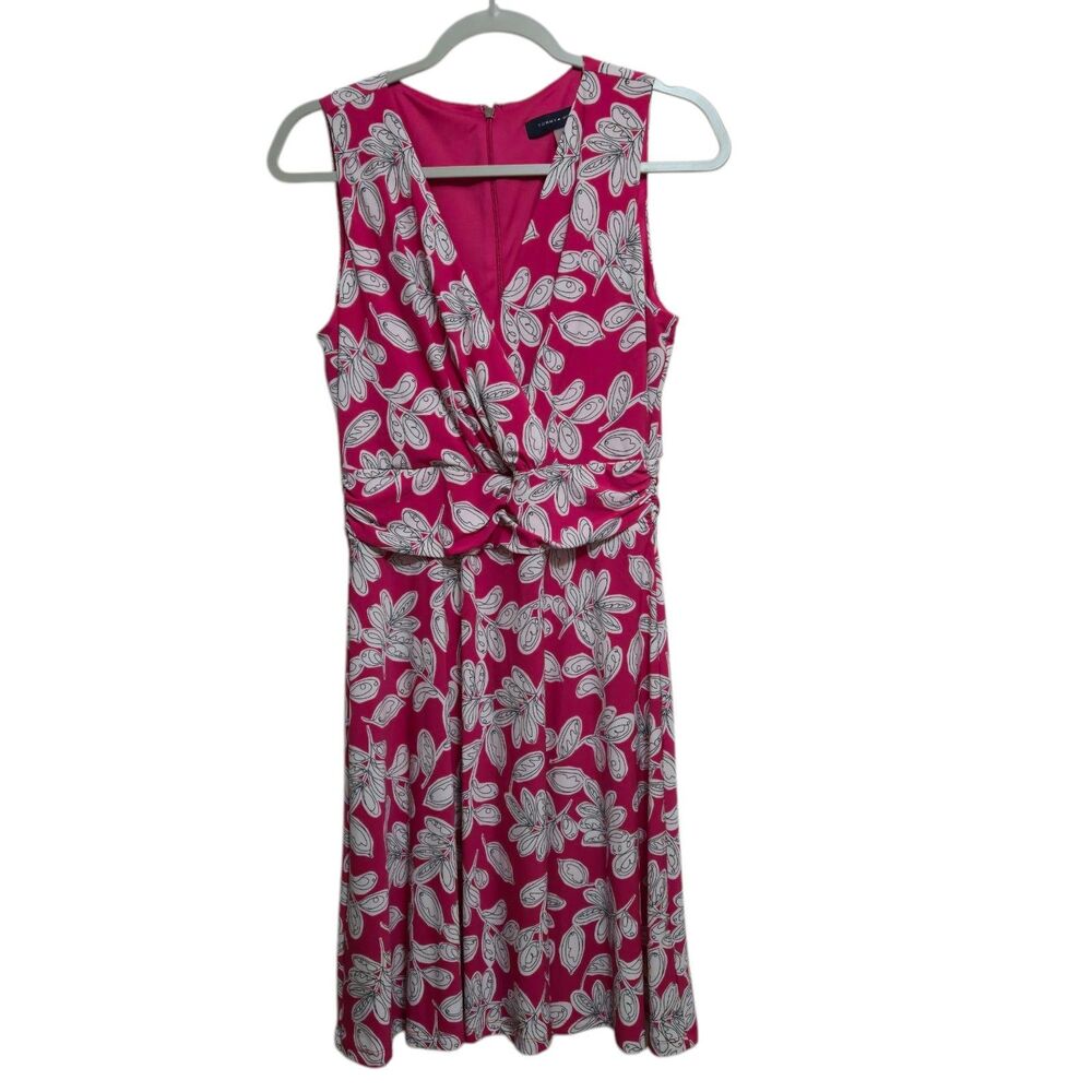 Tommy Hilfiger Dress Size 6 Leaf Pattern Pink Black White Ruched Waist